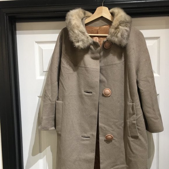 Vintage 1950s Swing Coat 50s Wool Beige Coat With Faux Fur - Picture 1 of 6
